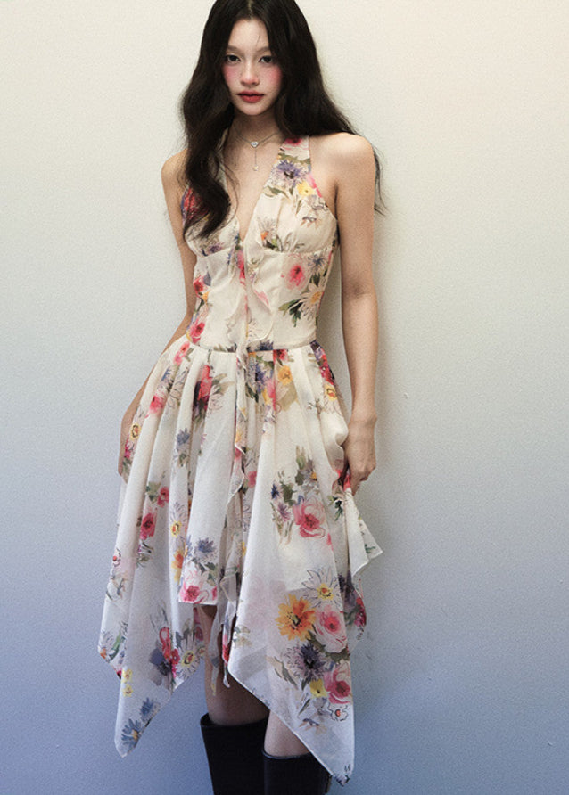 Watercolor Floral Irregular V Neck Halter Dress image 3