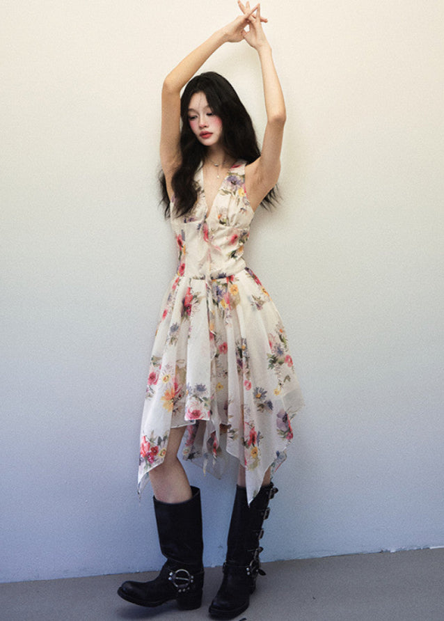 Watercolor Floral Irregular V Neck Halter Dress image 4