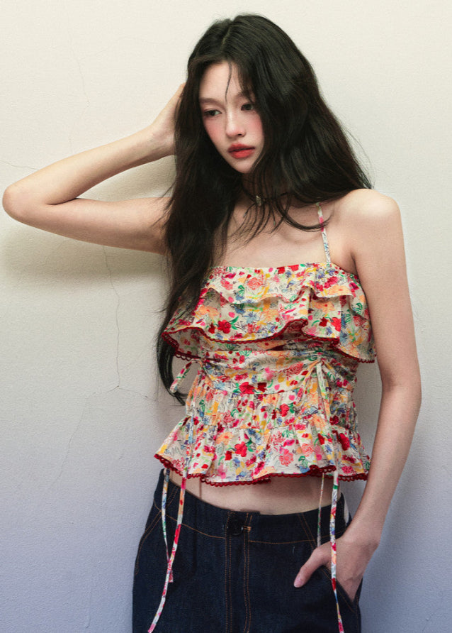 Red Floral Ruffle Drawstring Cami Top image 3