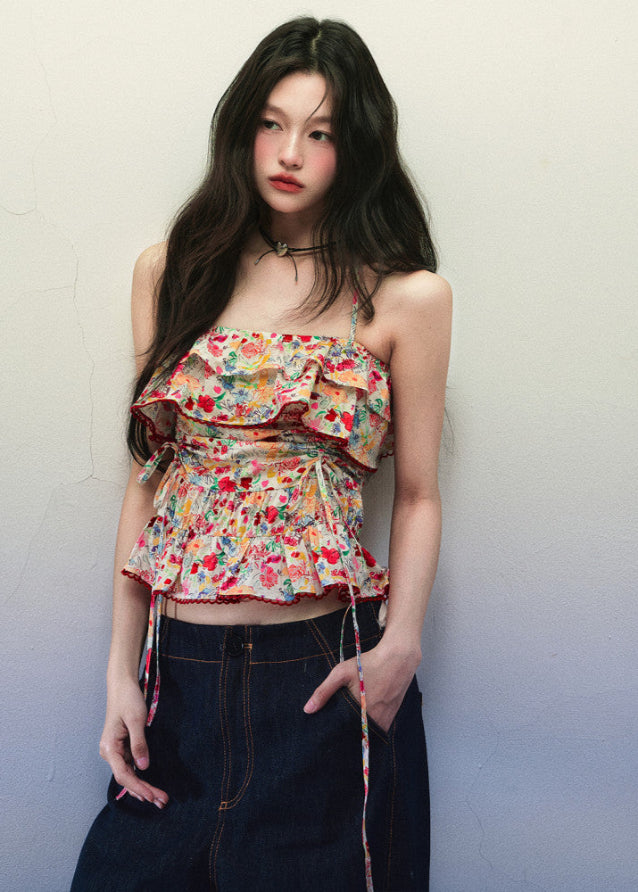 Red Floral Ruffle Drawstring Cami Top image 4