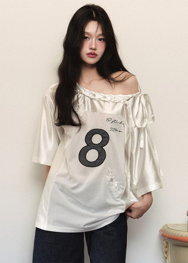 Glossy Patchwork Mesh Off Shoulder Jersey Top image 2