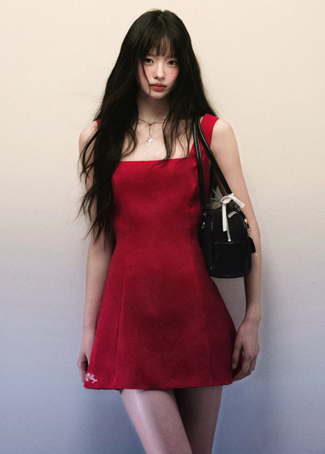 Red Cotton Hemp Large Collar A Line Dress image 4