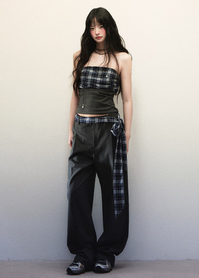 Plaid Patchwork Strapless Top Wide Leg Pants Set image 2