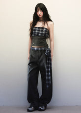 Plaid Patchwork Strapless Top Wide Leg Pants Set image 2