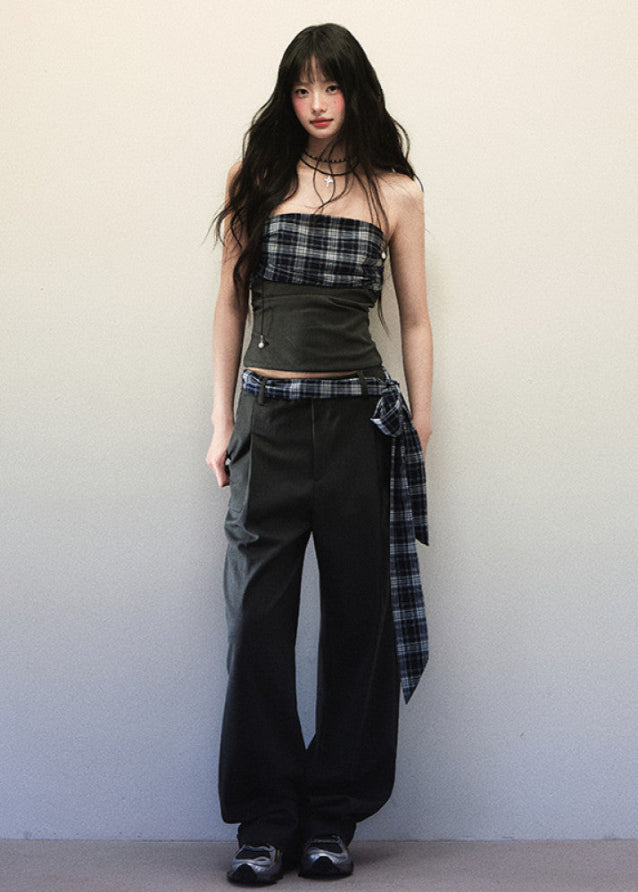 Plaid Patchwork Strapless Top Wide Leg Pants Set image 3