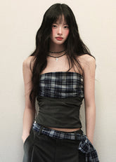 Plaid Patchwork Strapless Top Wide Leg Pants Set image 6