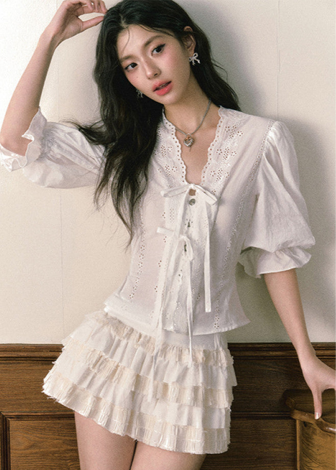 French V Neck Shirt Cake Skirt Set image 3