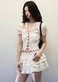 White Cotton Bow Lace Short Sleeve V Neck Shirt image 3