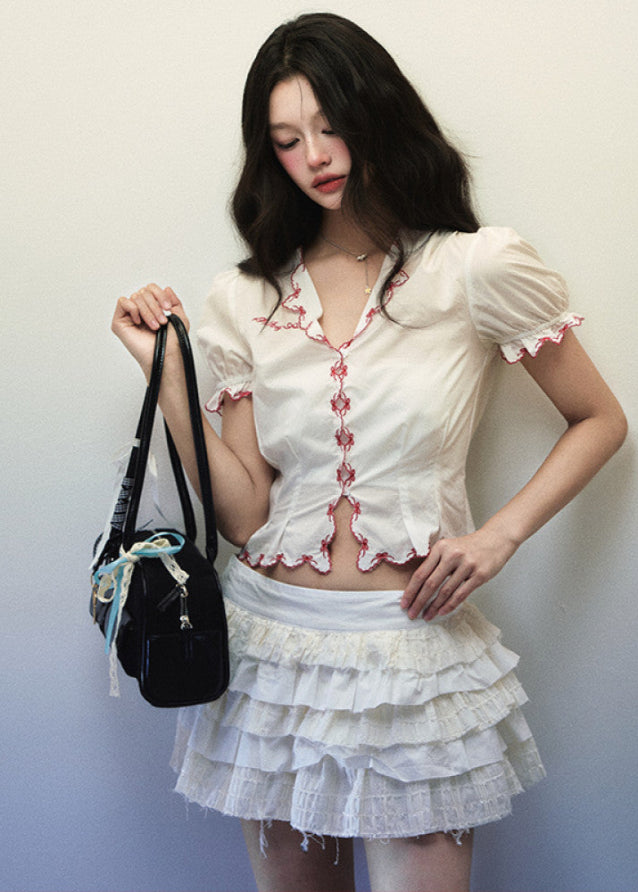 White Cotton Bow Lace Short Sleeve V Neck Shirt image 6