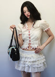 White Cotton Bow Lace Short Sleeve V Neck Shirt image 6