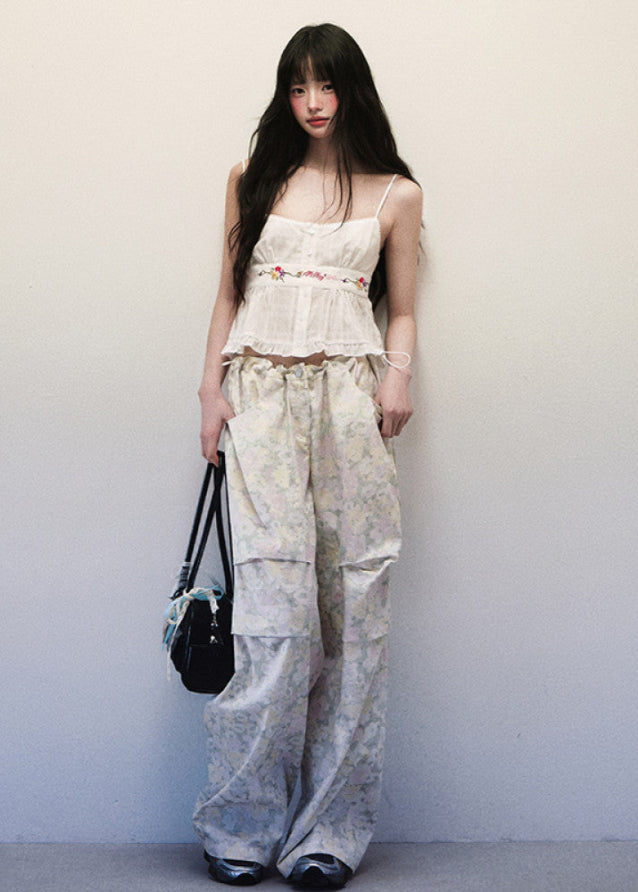 Light Green Floral Drawstring Wide Leg Pants image 3