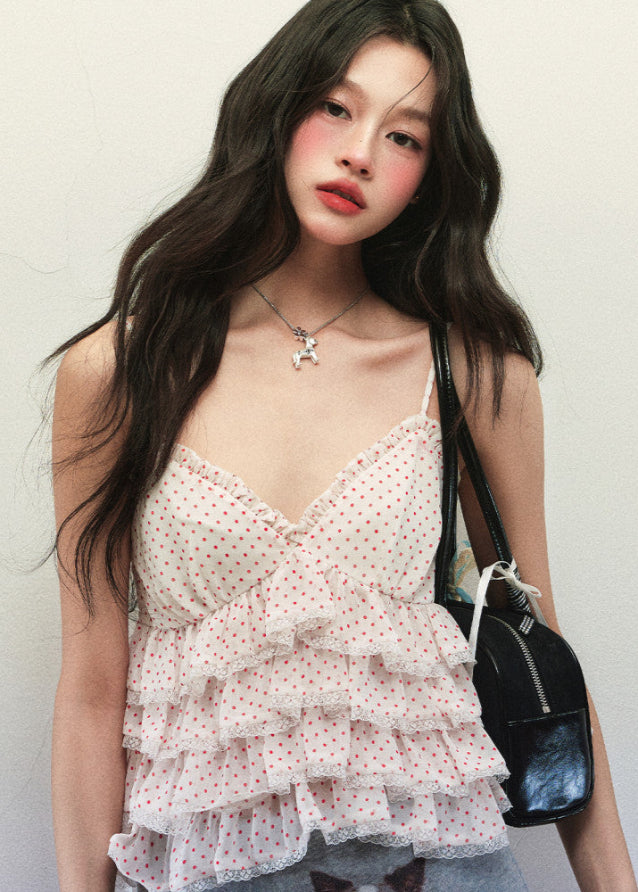 Polka Dot Chiffon V Neck Strap Top Cat Dog Print Skirt Set image 1