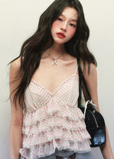 Polka Dot Chiffon V Neck Strap Top Cat Dog Print Skirt Set image 1