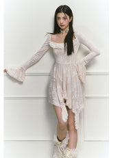 Beige Lace Square Collar Irregular Long Sleeve Dress image 2