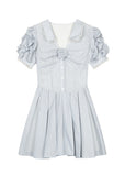 Blue Striped Bubble Sleeve Floral Pleated Dress image 5