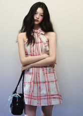 Red plaid halter neck ribbon dress