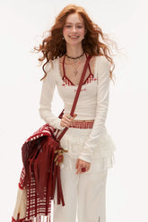 スクエアカラーリボン長袖Tシャツ