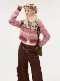 Striped rabbit double zipper knitted cardigan