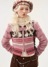 Striped rabbit double zipper knitted cardigan