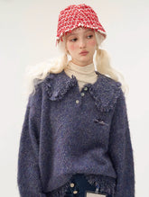 Tassel mixed thread polo button long sleeved sweater