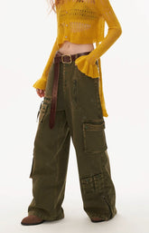 Multi-pocket military green loose casual pants