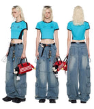 Bow retro workwear jeans multi-pocket loose casual straight pants