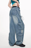 Bow retro workwear jeans multi-pocket loose casual straight pants