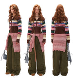 レトロなコントラストストライプのフード付きセーターアウターカーディガン