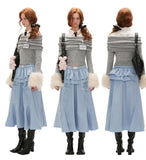 College style fake fur sleeve one-shoulder sweater