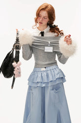 대학 스타일 가짜 모피 소매 원숄더 스웨터