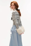 College style fake fur sleeve one-shoulder sweater