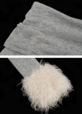 College style fake fur sleeve one-shoulder sweater