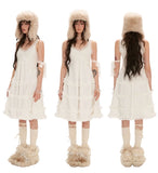 Lace skirt medium and long fairy skirt white dress