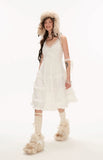Lace skirt medium and long fairy skirt white dress