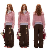 ハイカラーパッチワークウールセーターカーディガン