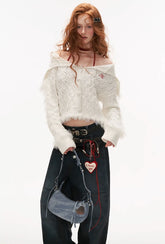 ハイカラーパッチワークウールセーターカーディガン