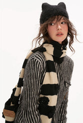 Hoodie fleece striped sweater all-match zipper knitted jacket