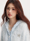 Fresh girl light blue two-color imitation mink knitted hooded cardigan