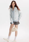 Fresh girl light blue two-color imitation mink knitted hooded cardigan