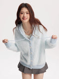 Fresh girl light blue two-color imitation mink knitted hooded cardigan