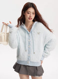 Fresh girl light blue two-color imitation mink knitted hooded cardigan