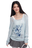 Round Neck Graffiti Butterfly Print T-shirt knit