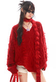 Red Scarf V-Neck Knit Sweater