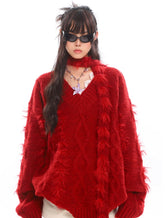 Red Scarf V-Neck Knit Sweater