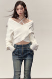 Off-shoulder design clavicle knit sweater wool tops