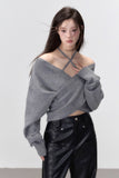 Off-shoulder design clavicle knit sweater wool tops