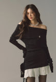 Off-shoulder black knitted sweater skirt hot skirt dress