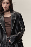 ヘビーカラーPUレザージャケットとレザースカートのツーピーススーツ