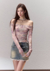 Rendering color design pure desire off shoulder mesh T-shirt