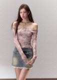 Rendering color design pure desire off shoulder mesh T-shirt